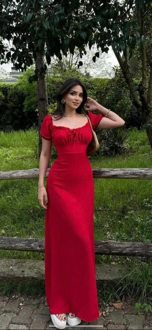 Red short-sleeved slim waist sexy long dress, prom dress R5434