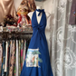 Blue halter-neck fitted waist midi-length ball gown R7462