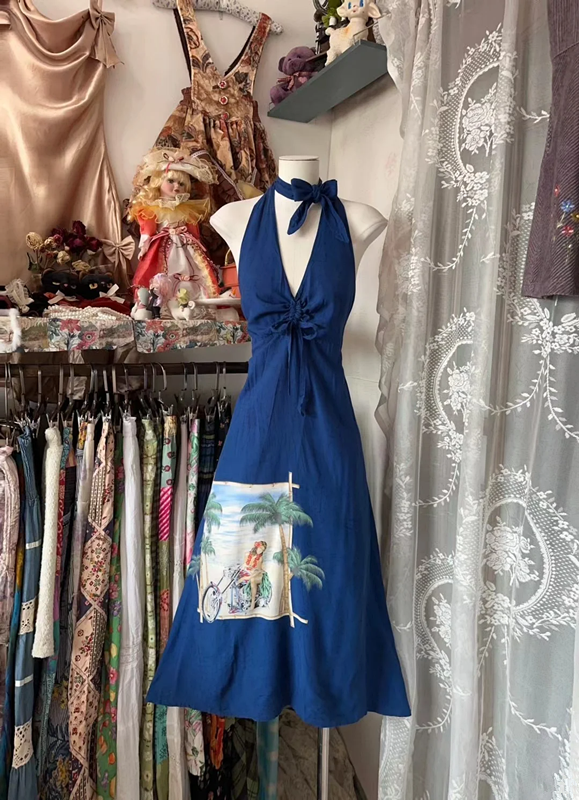 Blue halter-neck fitted waist midi-length ball gown R7462