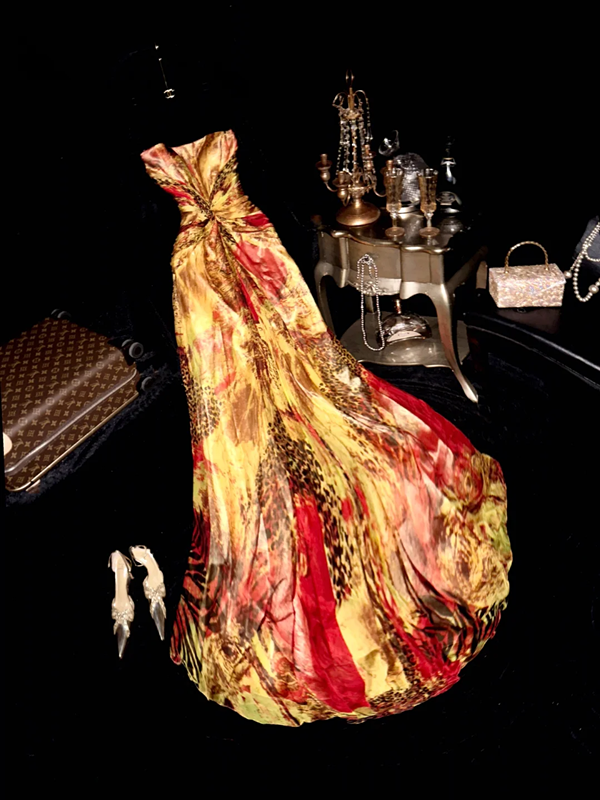 Yellow tie-dye red strapless fitted waist slimming long ball gown R6943