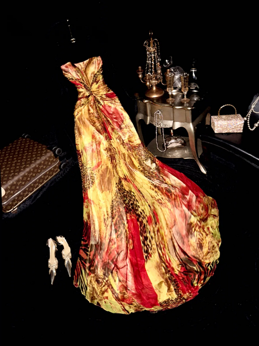 Yellow tie-dye red strapless fitted waist slimming long ball gown R6943