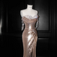 Rose Gold Strapless Sequined Waisted Slim Fit Hip Maxi Dress, prom dress R5633