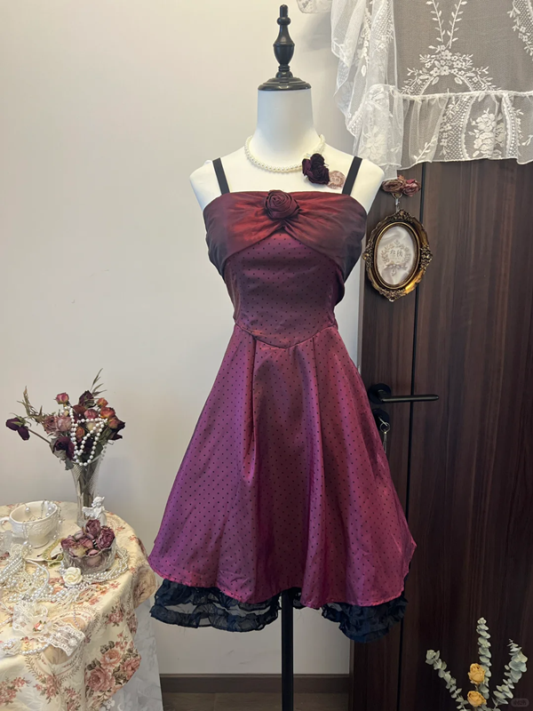Dark purple suspender waist slimming A-line short skirt homecoming dress R4322