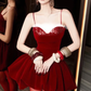 Red high-end suspenders, slim waist and long skirt, homecoming dress R4524