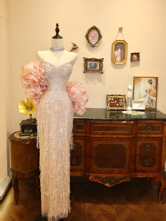 Light pink rhinestone strapless fitted waist bodycon long wedding dress R6584