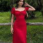 Red short-sleeved slim waist sexy long dress, prom dress R5434