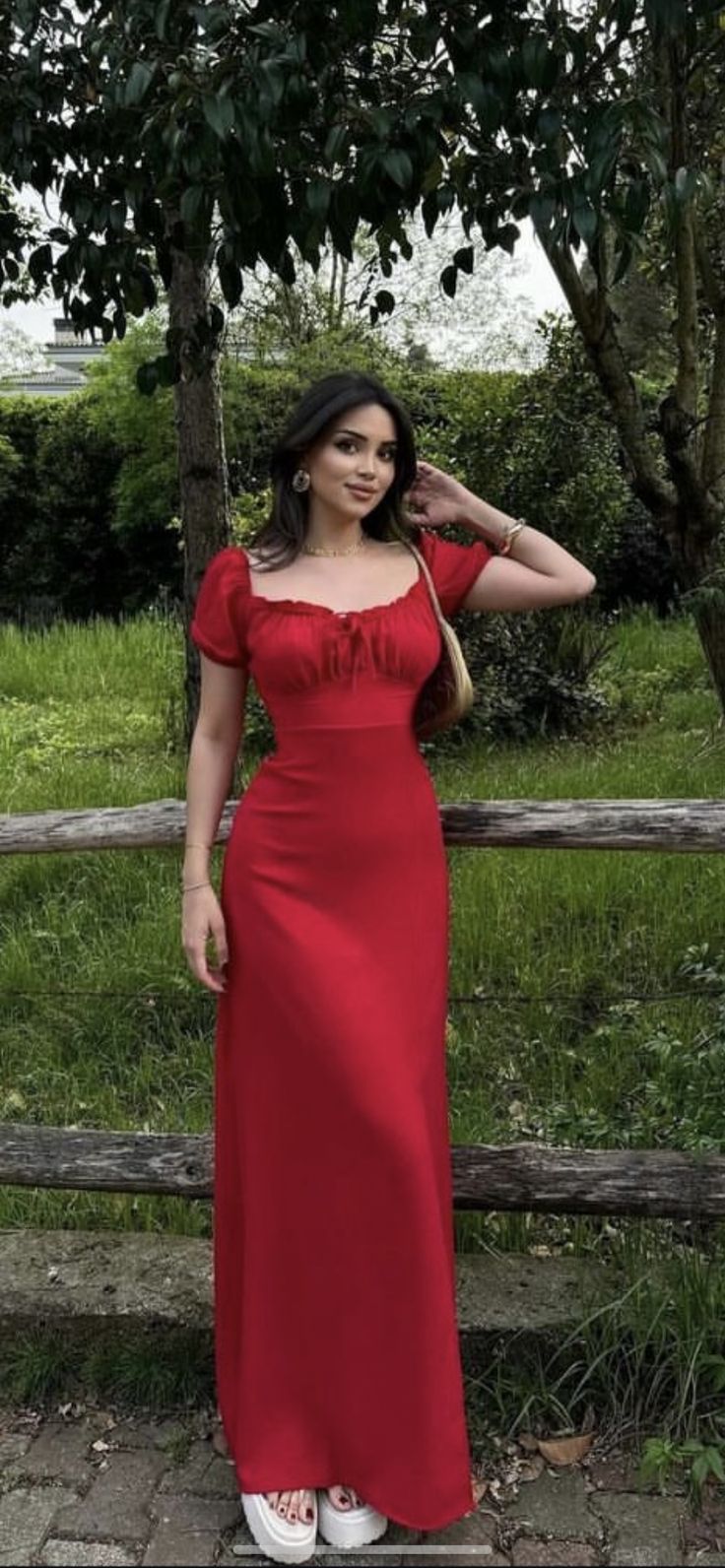 Red short-sleeved slim waist sexy long dress, prom dress R5434