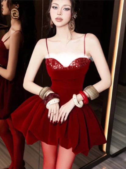 Red high-end suspenders, slim waist and long skirt, homecoming dress R4524
