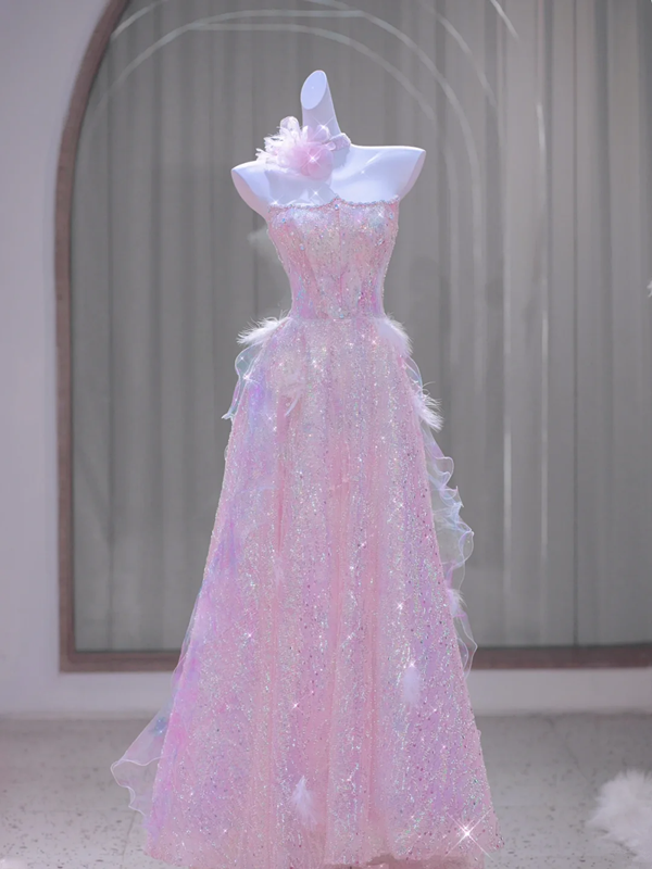 Pink Strapless Sequined Waist Slim Fit Cute Ball Gown Bridal Dress R5866