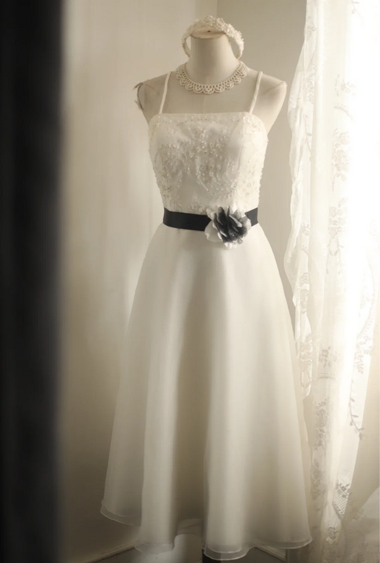 Ivory white halter-neck fitted waist slim beaded midi ball gown R6823