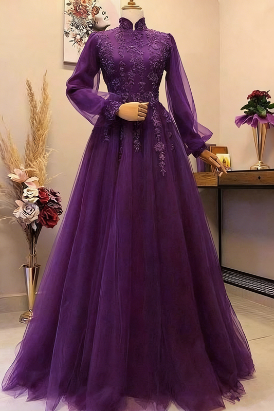 A Line Wine Red Long Evening Dresses Full Sleeve Formal Dress      S3582