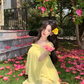 Holiday style beautiful yellow suspender top a-line skirt two-piece suit R0882