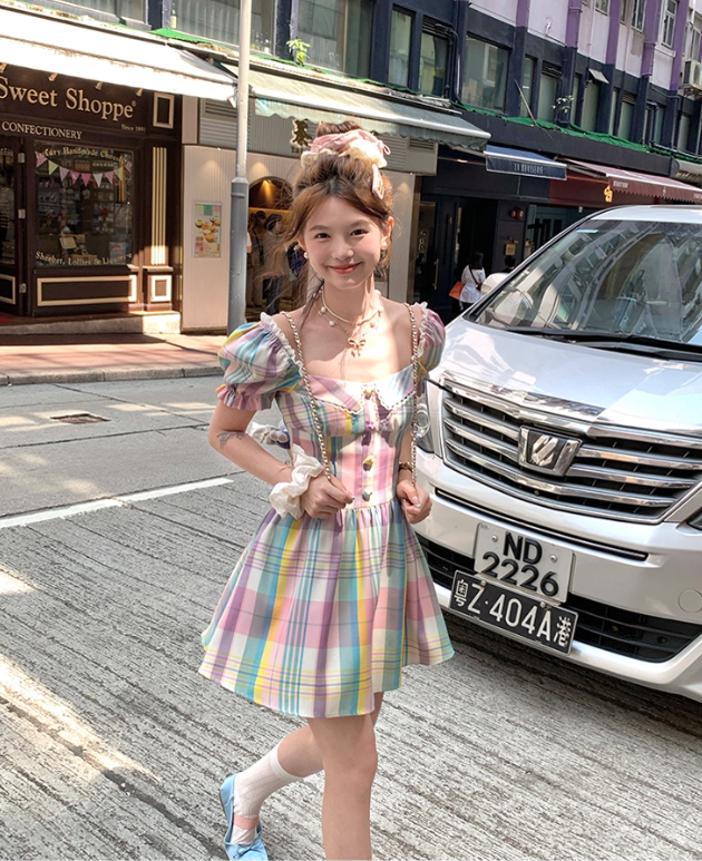 Colorful square neck waist short sleeve plaid dress summer French skirt R5025