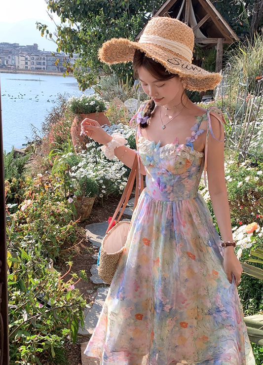 Long waist A-line suspender dress summer French retro temperament high-end skirt R4662