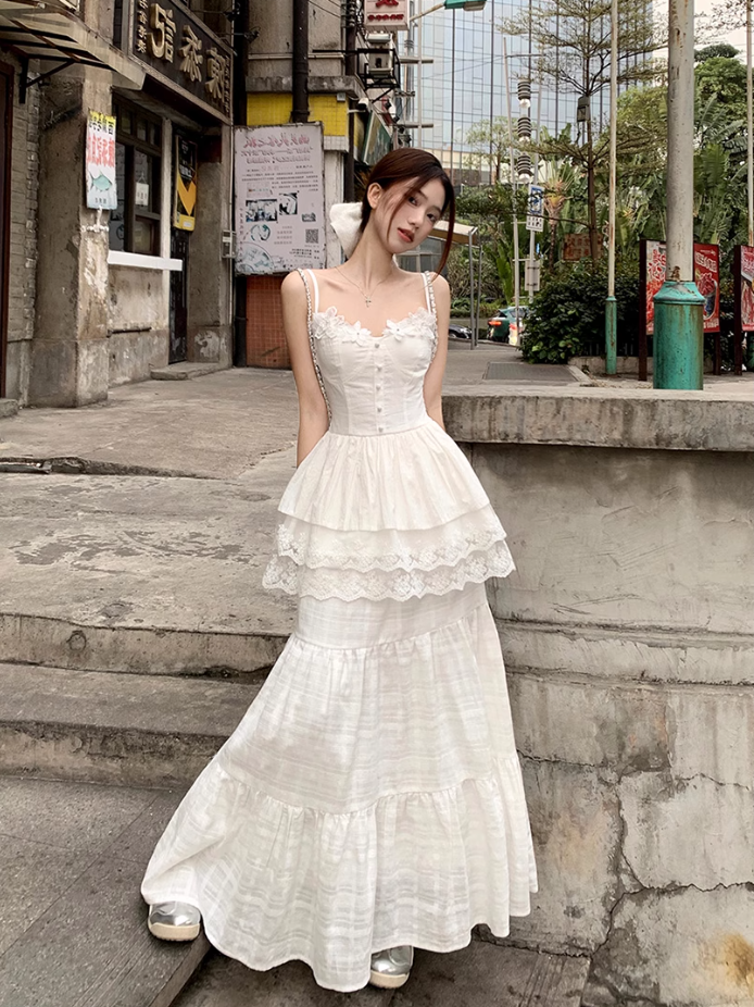 Fairy temperament unique beautiful white sling dress skirt two-piece suit R1730