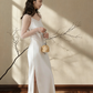 White halter-neck fitted slim-fitting simple and elegant ball gown R8030