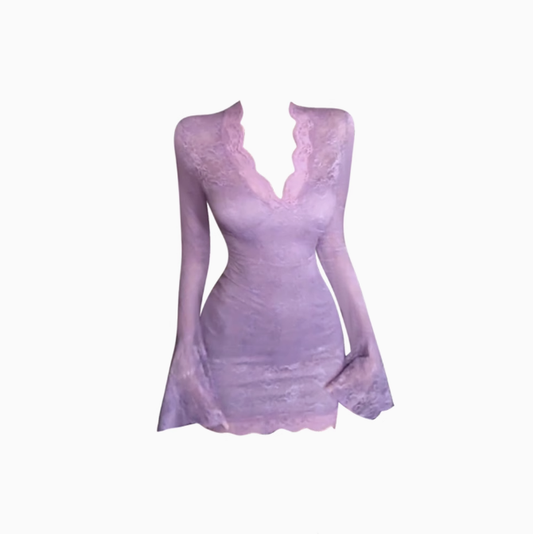 Pure desire style V-neck trumpet sleeve lace dress 2025 hot girl waist hip skirt R1079