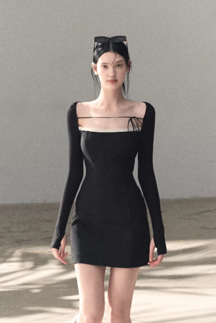 Black Square Neck Long Sleeve Mini Dress with Lace Trim and Tie Detail R9366