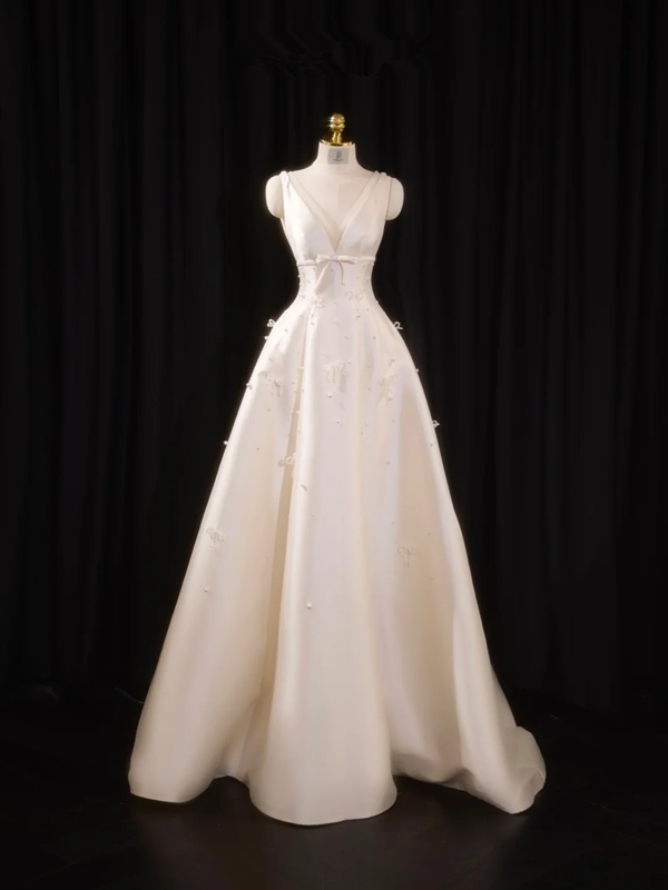 Light apricot satin halter-neck fitted long ball gown, bridal dress R8912