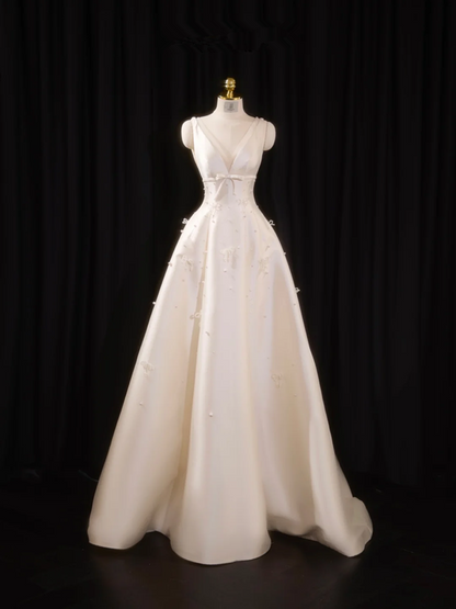 Light apricot satin halter-neck fitted long ball gown, bridal dress R8912