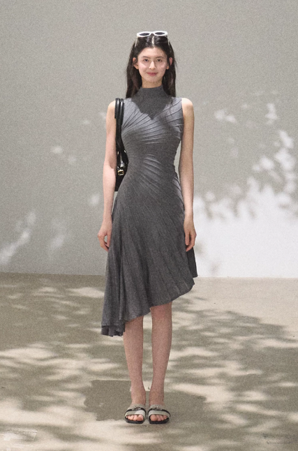 Grey Turtleneck Sleeveless Midi Dress Women Diagonal Ruched Asymmetrical Hem Dress R9357