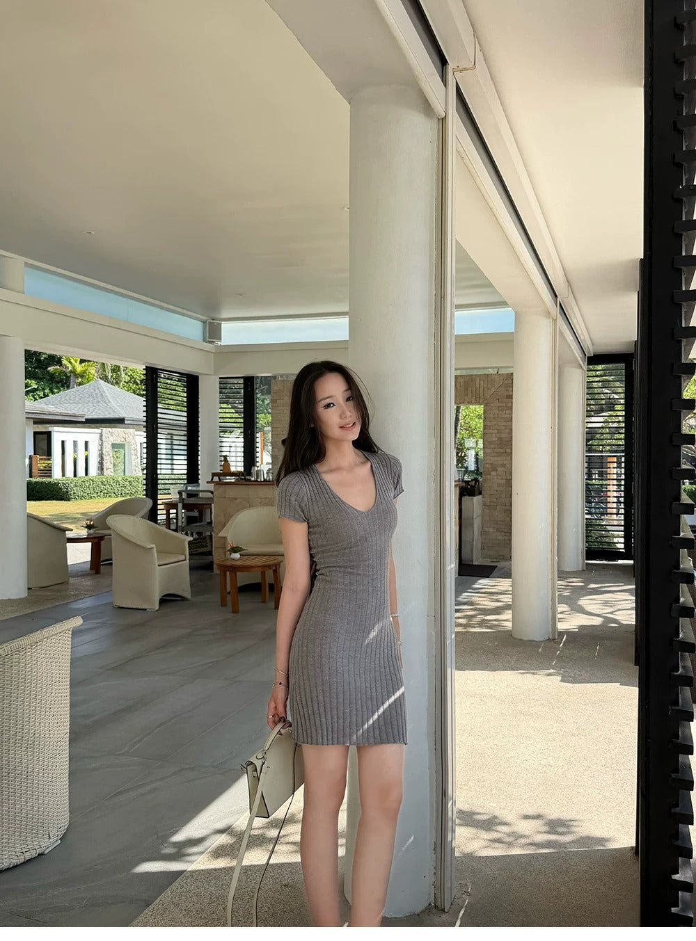 Casual Minimalist Ribbed Bodycon Mini Dress V-Neck Solid Color Knit R9189