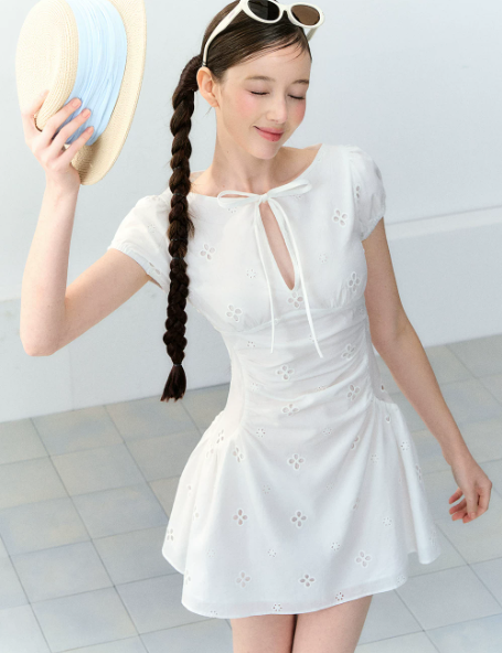 White Eyelet Embroidery Mini Dress Women With Keyhole Neck And Bow Tie Detail R9394
