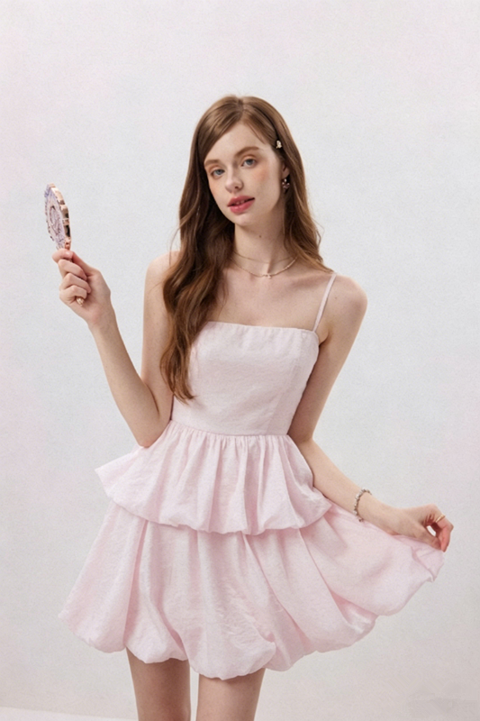 Pink Tiered Ruffle Mini Dress Women With Spaghetti Straps And Bubble Hem R9488