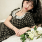 Black Floral Print Mini Dress Women With Lace Trim And Puff Sleeves R9461