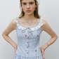 Blue Gingham Cherry Embroidered Mini Dress Women With Lace Trim R9473