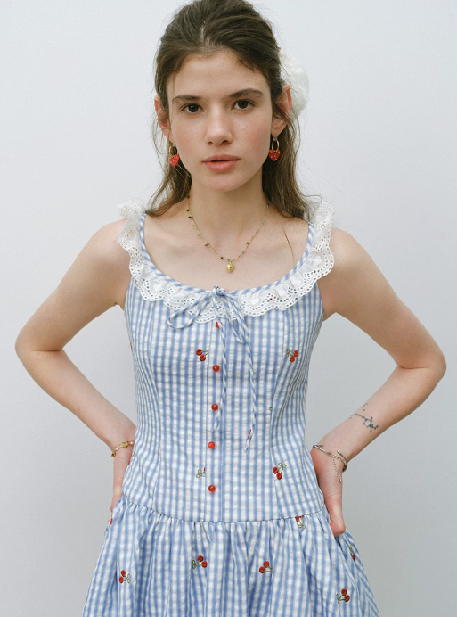 Blue Gingham Cherry Embroidered Mini Dress Women With Lace Trim R9473