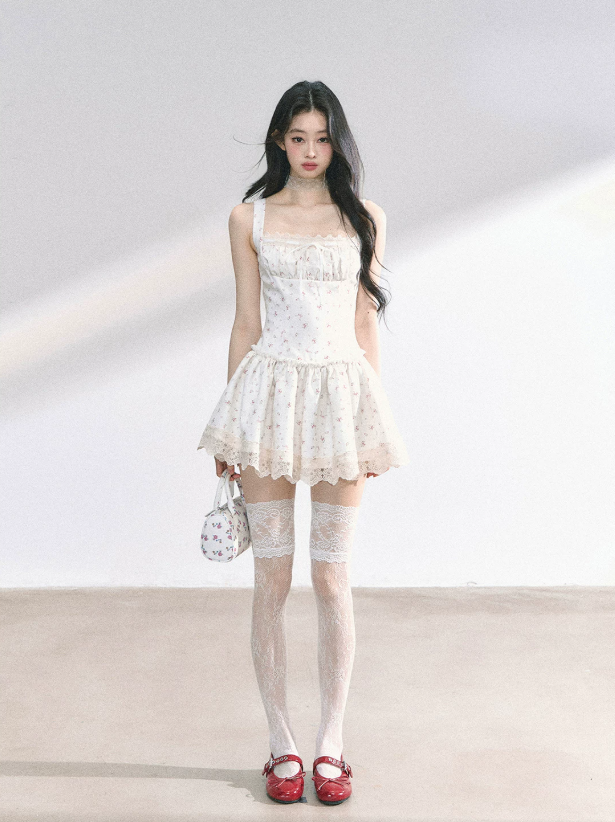Fairycore White Floral Slip Dress with Lace Trim, Tiered Skirt and Spaghetti Straps R9275
