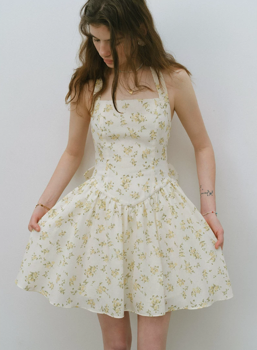 Beige Floral Print Halter Neck Mini Dress Women With Large Bow Detail R9485