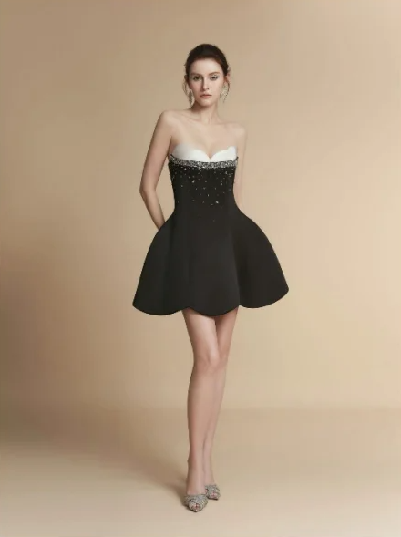 Black tube top slim waist A-line big skirt high-end princess dress homecoming dress R4749