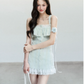 Light Blue Lace Trim Cami Mini Dress Women With Ruffled Neckline And Embroidered Details R9412