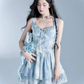 Blue Tie Dye Corset Style Cami Dress Women With Tiered Skirt And Lace Trim R9438