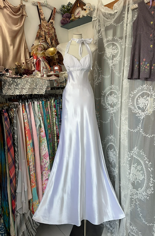 White halterneck satin waist slim mermaid maxi ball gown R6207