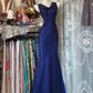 Dark blue sleeveless fitted waist bodycon sexy long ball gown R7793