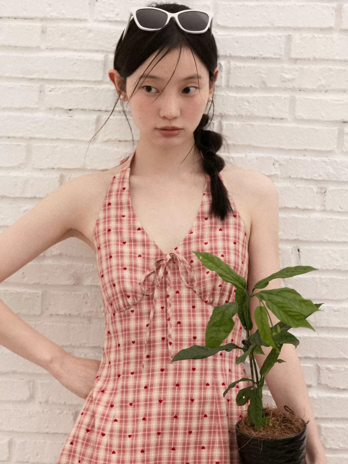 Retro Pink Gingham Halter Mini Dress with Heart Detail R9173