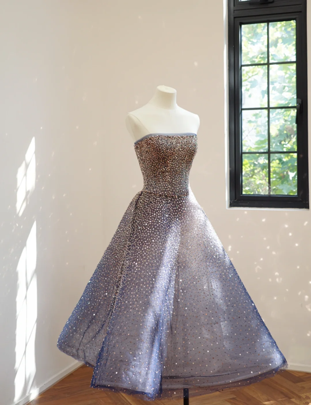 Dark blue strapless sequined midi ball gown with a cinched waist and full skirt R8509