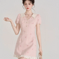 Feminine Pink Tweed Dress with Peter Pan Collar, Girly Puff Sleeve Embroidered Mini Dress for Women R9327
