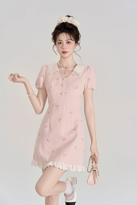 Feminine Pink Tweed Dress with Peter Pan Collar, Girly Puff Sleeve Embroidered Mini Dress for Women R9327