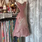 Pinkish-purple sleeveless halter neck fitted waist mid-length ball gown R7872