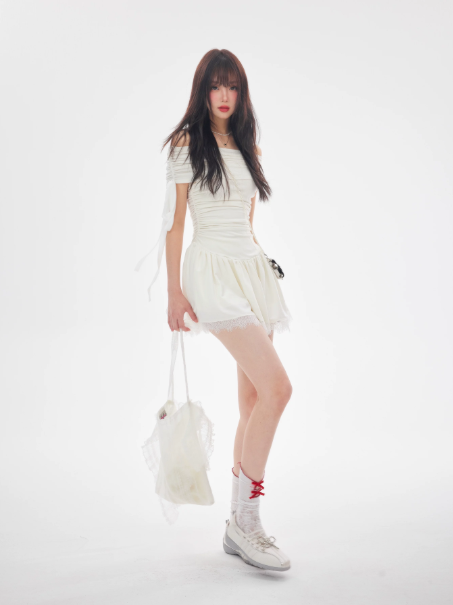 French Mini Dress, White Off-Shoulder Ruched Bodycon With Lace Hem R9380