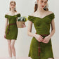 Olive Green Textured Knit Dress with Off-Shoulder Neckline & Tassel Belt R9178