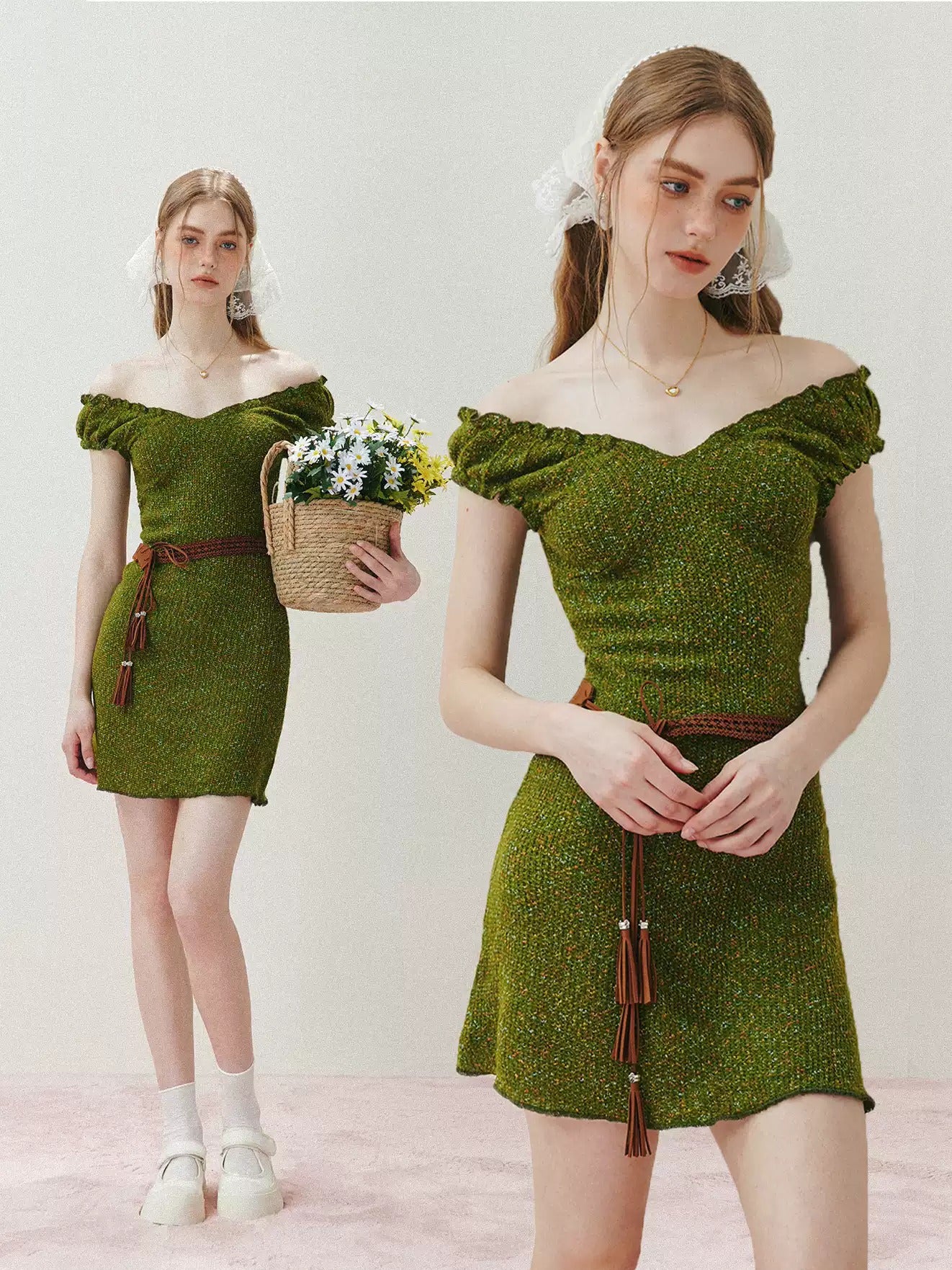 Olive Green Textured Knit Dress with Off-Shoulder Neckline & Tassel Belt R9178