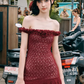 Burgundy Lace Off-Shoulder Mini Dress With Ruffle Trim And Bodycon Fit R9287