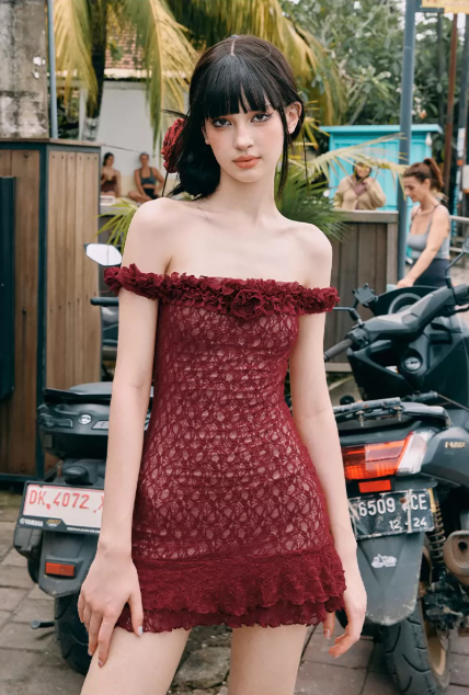 Burgundy Lace Off-Shoulder Mini Dress With Ruffle Trim And Bodycon Fit R9287