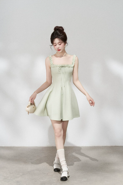 Minimalist Mint Green Flare Dress, Women's Square Neck with Ruffled Straps and Tie Detail Mini Dress R9330