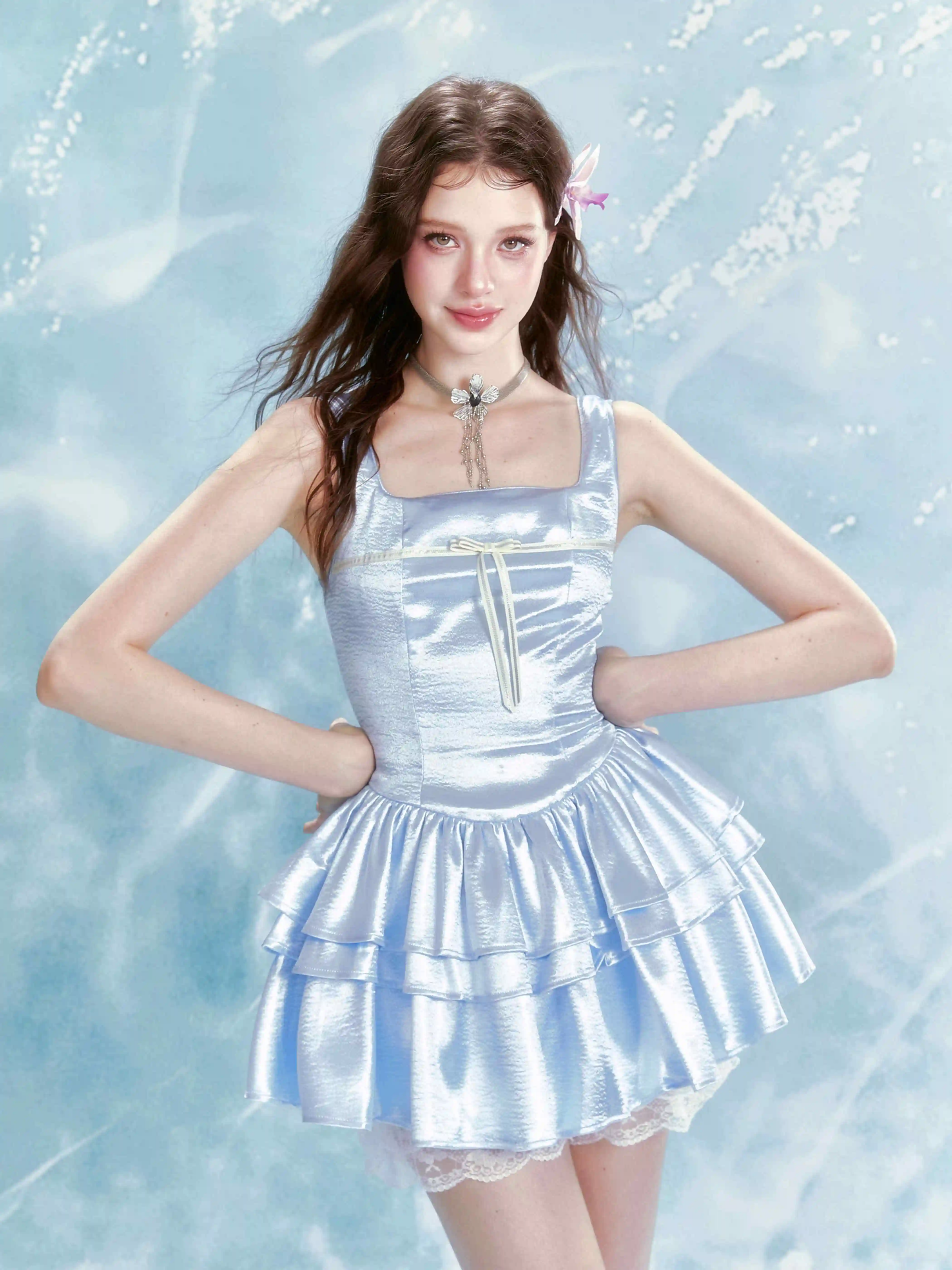 Square Neck Sleeveless Balletcore Dress with Layered Skirt and Lace Shorts R9228